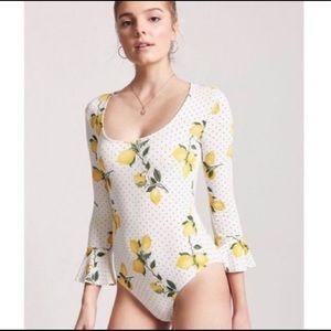 Forever 21 Bodysuit Top Flare Fluted Sleeve Lemon Print Polka Dot S Stretch